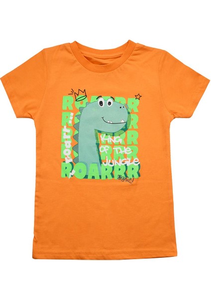 Sevimli Dinozor Baskılı Erkek Bebek Tshirt Turuncu