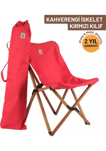 Bag The Joy Ahşap Katlanır Kamp & Bahçe Sandalyesi – Kahverengi  - Kırmızı Kılıf