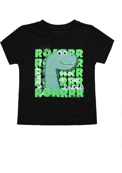 Sevimli Dinozor Baskılı Erkek Bebek Tshirt Siyah