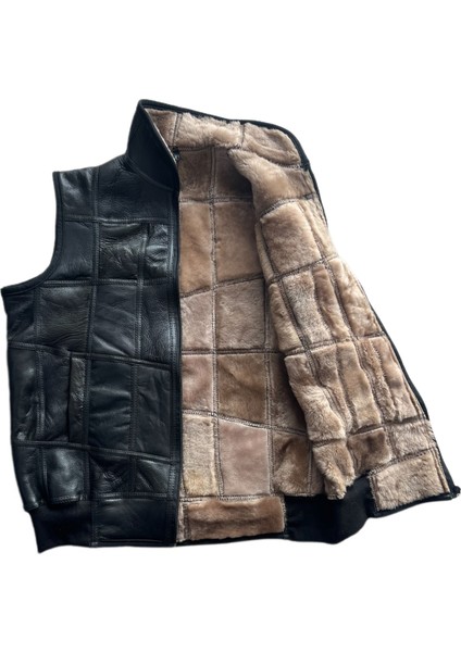 Patchwork Içi Kürk-Dışı Süet Hakiki Deri Yakalı Biye ve Triko Detaylı Yelek