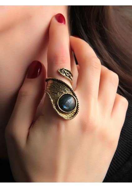 Doğal Taş Labradorit Yuvarlak Doğal Taşlı Ayarlanabilir Antik Işlemeli Yüzük EUY31L