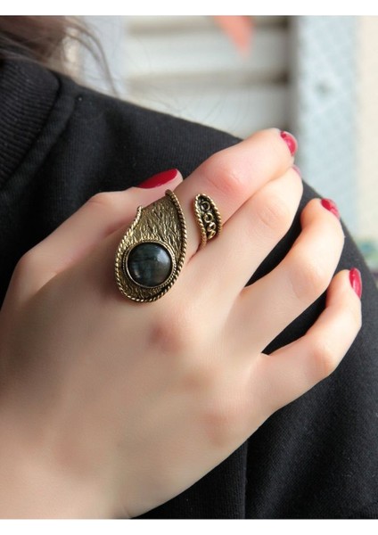 Doğal Taş Labradorit Yuvarlak Doğal Taşlı Ayarlanabilir Antik Işlemeli Yüzük EUY31L fiyatları