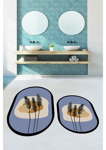 Dijital Baskılı Yıkanabilir Renkli Çiçekli Ikili Banyo Halısı Paspas Oval, Klozet-28-Mavi,