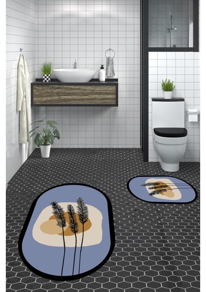 Dijital Baskılı Yıkanabilir Renkli Çiçekli Ikili Banyo Halısı Paspas Oval, Klozet-28-Mavi, modelleri