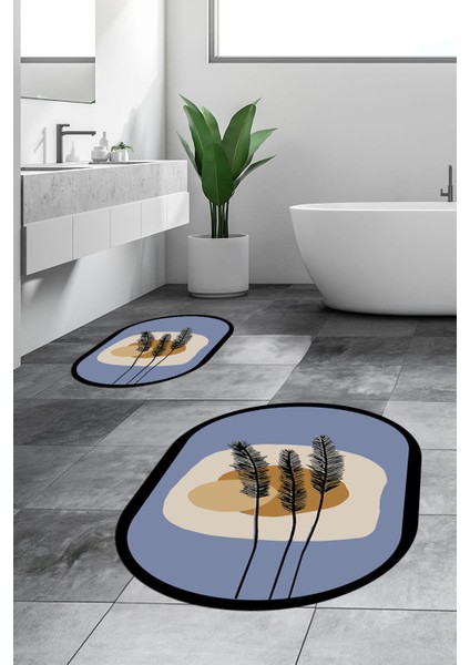 Dijital Baskılı Yıkanabilir Renkli Çiçekli Ikili Banyo Halısı Paspas Oval, Klozet-28-Mavi, fırsatları
