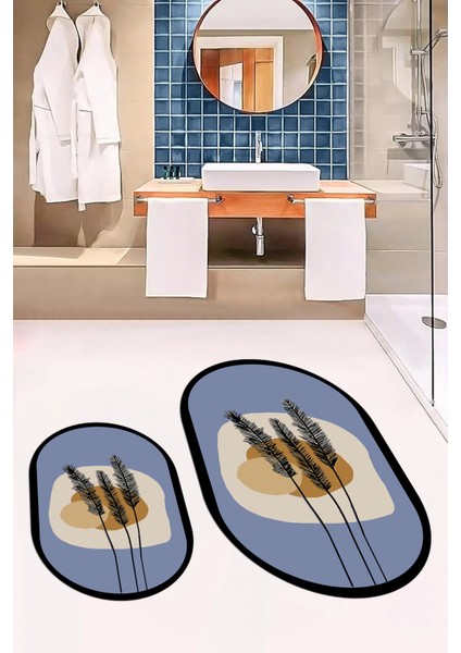 Dijital Baskılı Yıkanabilir Renkli Çiçekli Ikili Banyo Halısı Paspas Oval, Klozet-28-Mavi, indirimleri