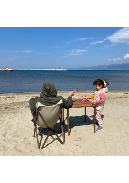 Ahşap Katlanır Kamp & Bahçe Sandalyesi – Kahverengi Iskelet - Bej Kılıf