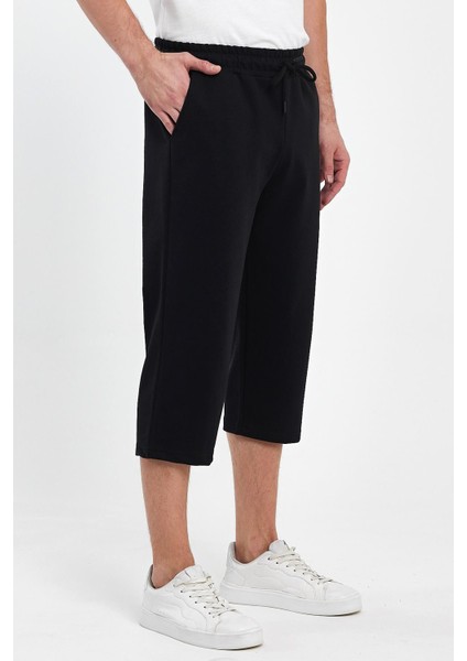 Erkek Yanları Cepli Siyah Bermuda Diz Altı Kapri Beli Ayarlanabilir Lastikli Uzun Şort modelleri