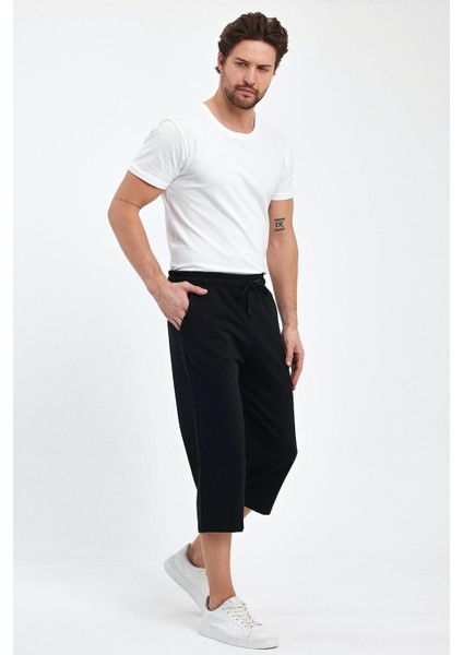 Erkek Yanları Cepli Siyah Bermuda Diz Altı Kapri Beli Ayarlanabilir Lastikli Uzun Şort fırsatları