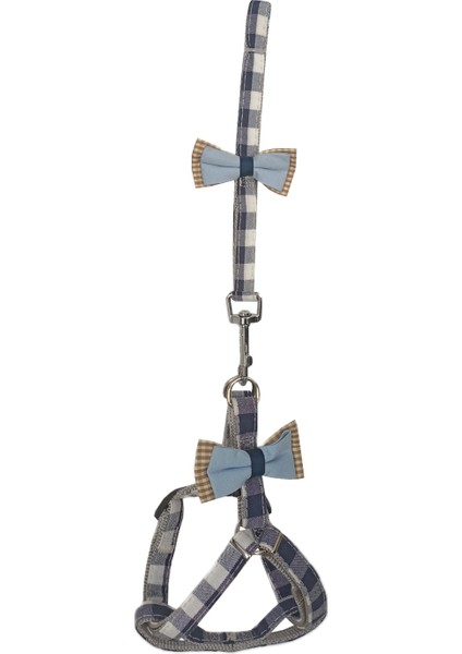 Köpek Göğüs Tasma Seti Ekose Desenli Papyonlu 1.5 Cm*35-48 cm Mavi