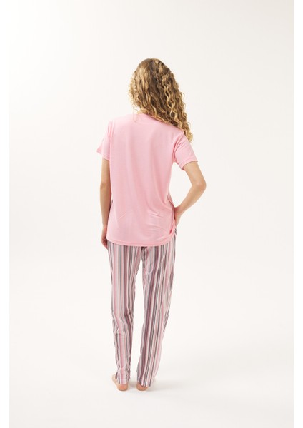 Somon Çizgili Viskon Kadın Pijama Takımı