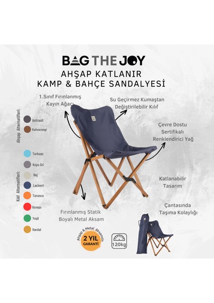 Bag The Joy Ahşap Katlanır Kamp & Bahçe Sandalyesi – Kahverengi Iskelet - Lacivert Kılıf