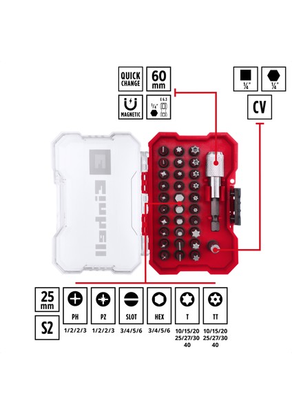 XS-CASE 32 Parça Uç Seti (25 Mm Uçlar, 60 Mm Hızlı Değiştirilebilir Uç Tutucu, Lokma Adaptör, Saklama Kutusu Dahil)