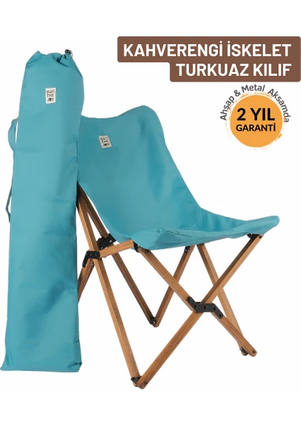 Bag The Joy Ahşap Katlanır Kamp & Bahçe Sandalyesi – Kahverengi Iskelet - Turkuaz Kılıf