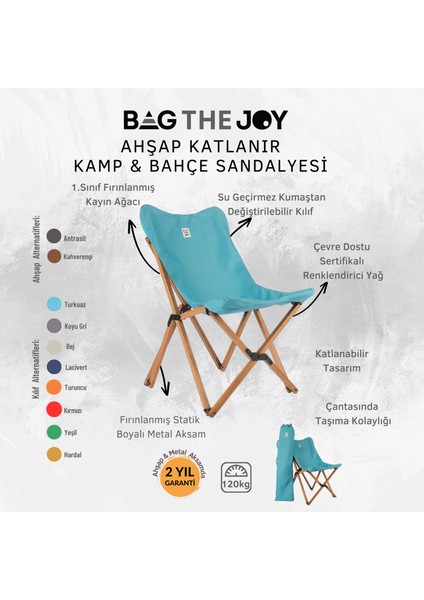 Bag The Joy Ahşap Katlanır Kamp & Bahçe Sandalyesi – Kahverengi Iskelet - Turkuaz Kılıf