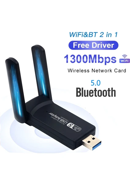 PC için Çift Anten BT5.0 Wifi 2'si Bir Arada Çift Bantlı AC1300MBPS Usb3.0 Wifi Adaptörü