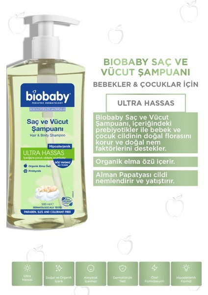 Biobaby Ultra Hassas Saç Ve Vücut Bebek Şampuanı 500 ml Prebiyotik Alman Papatyası - Organik Içerik 3 Lü Set