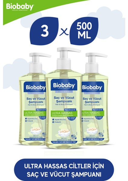 Biobaby Ultra Hassas Saç Ve Vücut Bebek Şampuanı 500 ml Prebiyotik Alman Papatyası - Organik Içerik 3 Lü Set