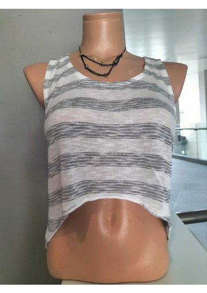 Bayan Crop Siyah Beyaz Çizgili