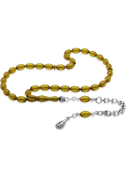 Kararmaz Metal Arnavut Zincir Püsküllü Arpa Kesim Sarı Bilek Boy Ateş Kehribar Tesbih