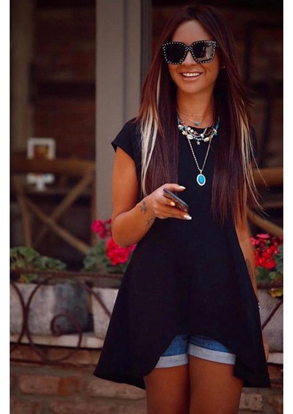 Kadın Kısa Kollu Asimetrik Viskon Bluz