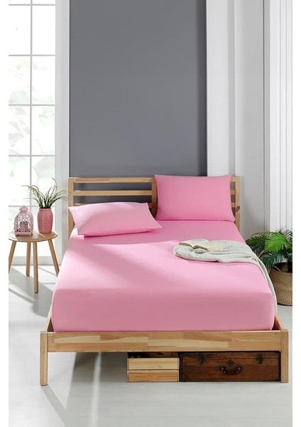 Tek Kişilik Lastikli Çarşaf 120X200 +30 cm +1 Adet 50X70 Kapaklı Yastık Pembe Renk