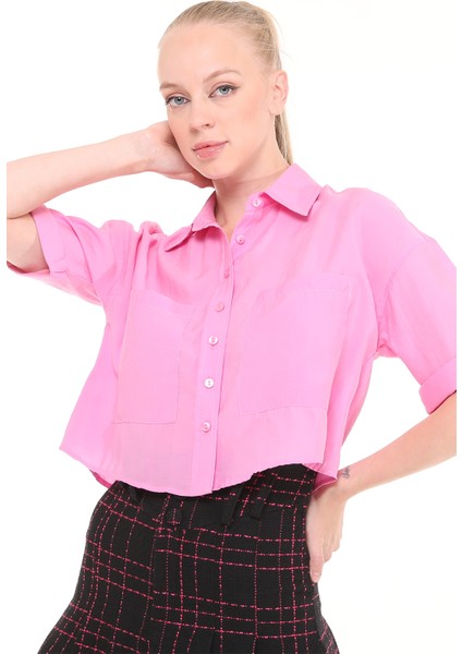 Pembe Kısa Kollu Crop Fit Kadın Gömlek