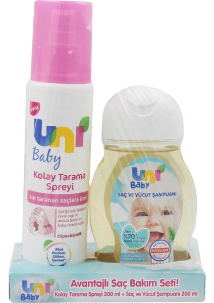 Uni Baby Kolay Tarama Spreyi 200 ml + Saç ve Vücut Şampuanı 200 ml