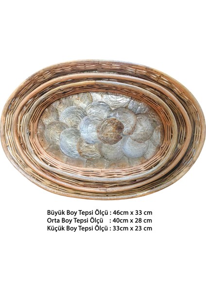 Rattan Dekoratif Oval Hasır El Yapımı Sedef Tepsi 3 Lü Set