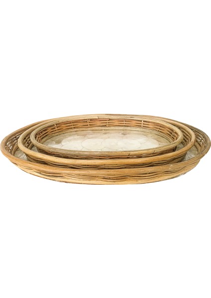 Rattan Dekoratif Oval Hasır El Yapımı Sedef Tepsi 3 Lü Set