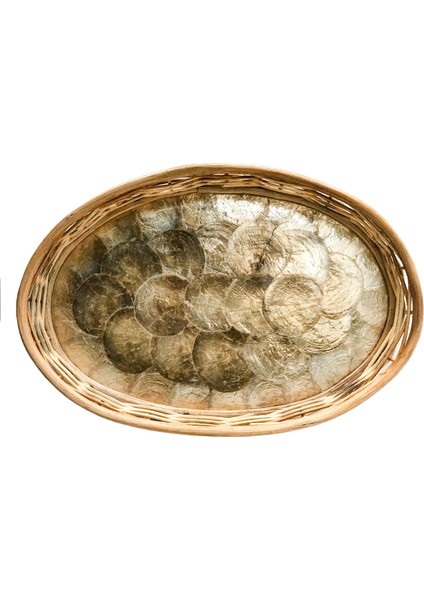 Rattan Dekoratif Oval Hasır El Yapımı Sedef Tepsi 3 Lü Set