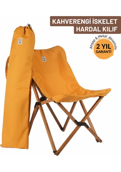 Bag The Joy Ahşap Katlanır Kamp & Bahçe Sandalyesi – Kahverengi  - Hardal Kılıf