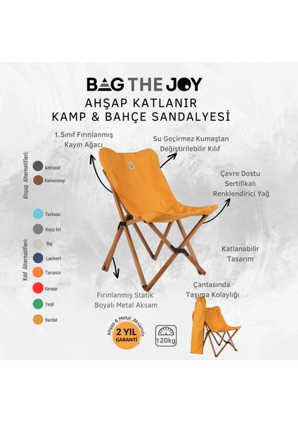 Bag The Joy Ahşap Katlanır Kamp & Bahçe Sandalyesi – Kahverengi  - Hardal Kılıf