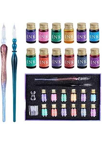 Cam Kalem Kaligrafi Kalemi Seti 12 Renk Mürekkep ve Aksesuarlar