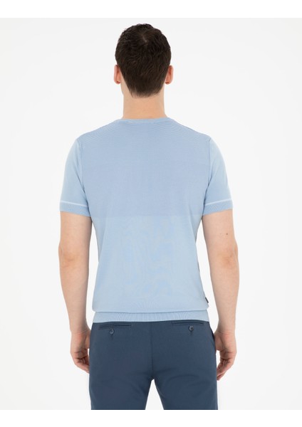 Erkek Mavi Slim Fit Bisiklet Yaka Triko Tişört 50288117-VR095