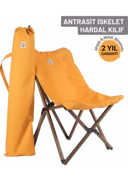 Bag The Joy Ahşap Katlanır Kamp & Bahçe Sandalyesi – Antrasit Iskelet - Hardal Kılıf