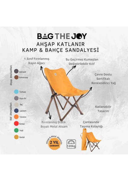 Bag The Joy Ahşap Katlanır Kamp & Bahçe Sandalyesi – Antrasit Iskelet - Hardal Kılıf