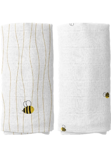 Casadora Baby Happy Bee - Nakışlı 100% Pamuk 2'li Müslin Örtü Seti - 90X90 cm