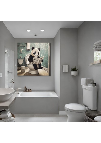 Tekli Kare Kanvas Banyo Tablosu Gazete Okuyan Panda