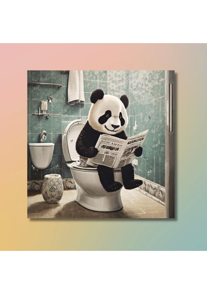 Tekli Kare Kanvas Banyo Tablosu Gazete Okuyan Panda modelleri