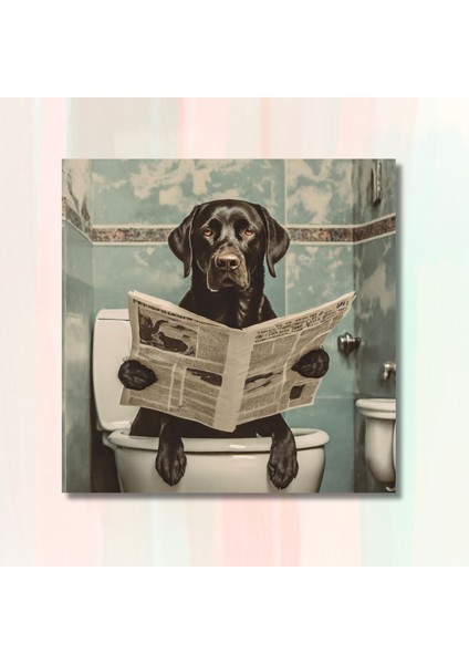 Tekli Kare Kanvas Banyo Tablosu Gazete Okuyan Siyah Labrador Köpek modelleri