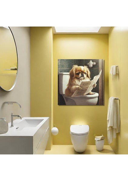 Tekli Kare Kanvas Banyo Tablosu Gazete Okuyan Pekinez Köpek