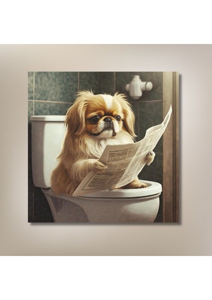 Tekli Kare Kanvas Banyo Tablosu Gazete Okuyan Pekinez Köpek modelleri