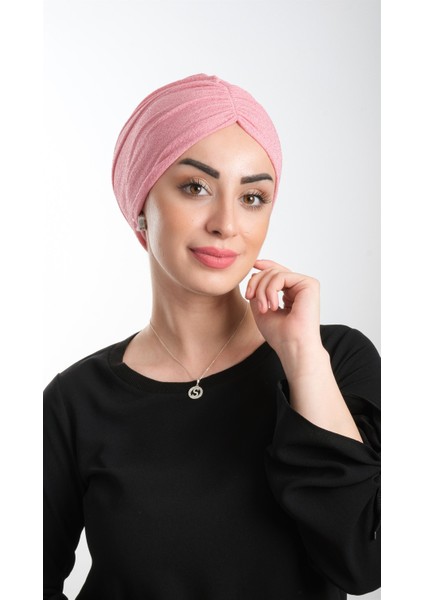 Pembe Pratik Hazır Geçmeli Tesettür Bone Fukuro Simli Büzgülü 2116_04