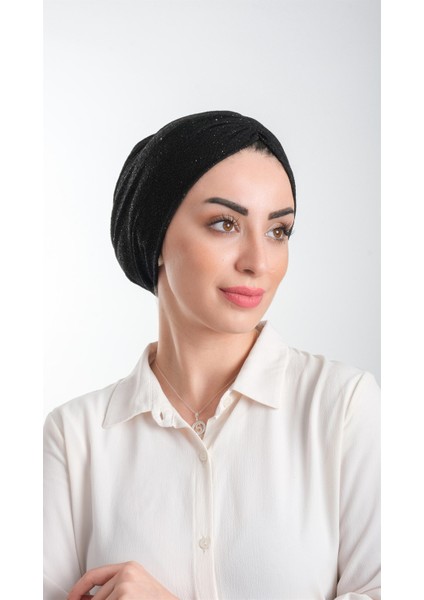 Siyah Pratik Hazır Geçmeli Tesettür Bone Fukuro Simli Büzgülü 2116_01
