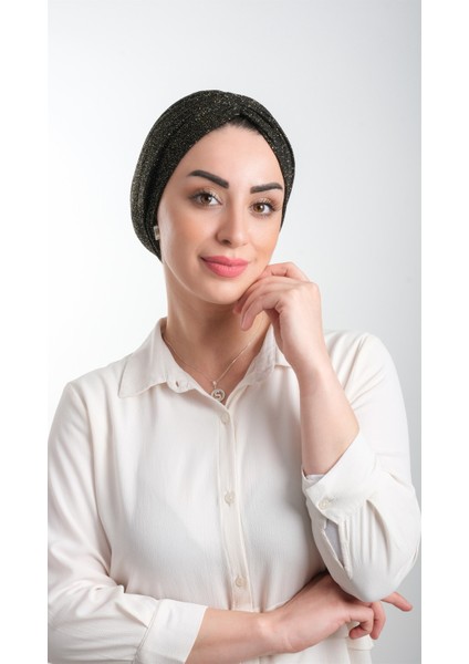 Siyah-Gold Pratik Hazır Geçmeli Tesettür Bone Fukuro Simli Büzgülü 2116_102