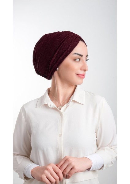 Bordo Pratik Hazır Geçmeli Tesettür Bone Fukuro Simli Büzgülü 2116_16