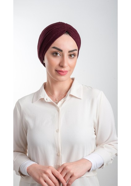 Bordo Pratik Hazır Geçmeli Tesettür Bone Fukuro Simli Büzgülü 2116_16 fiyatları
