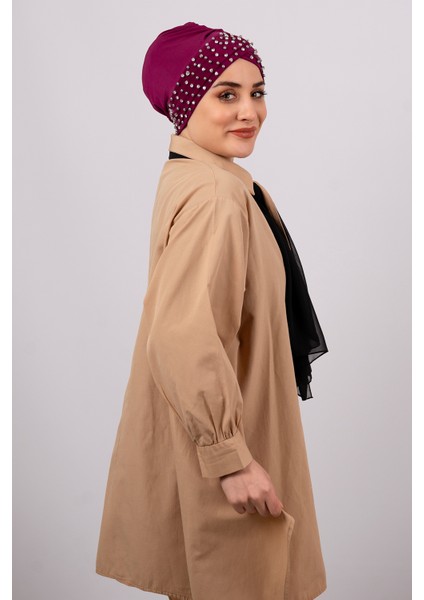 Şarabi Pratik Hazır Geçmeli Tesettür Bone Sandy Kumaş Taşlı 1456_08