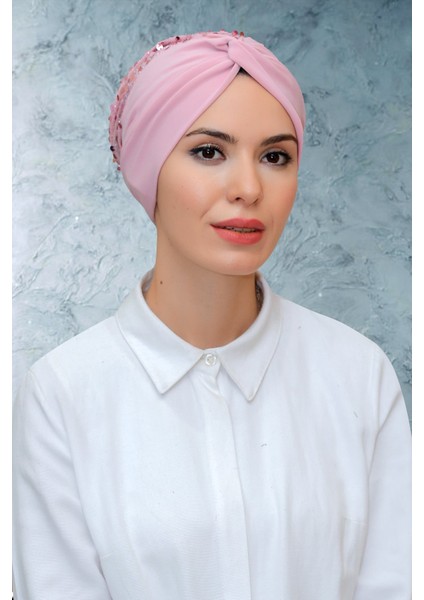 Pudra Pratik Hazır Geçmeli Tesettür Bone Sandy Kumaş Pullu Büzgülü 1906_06